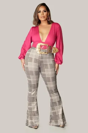 PLAID PRINTED FLARED LONG PANTS