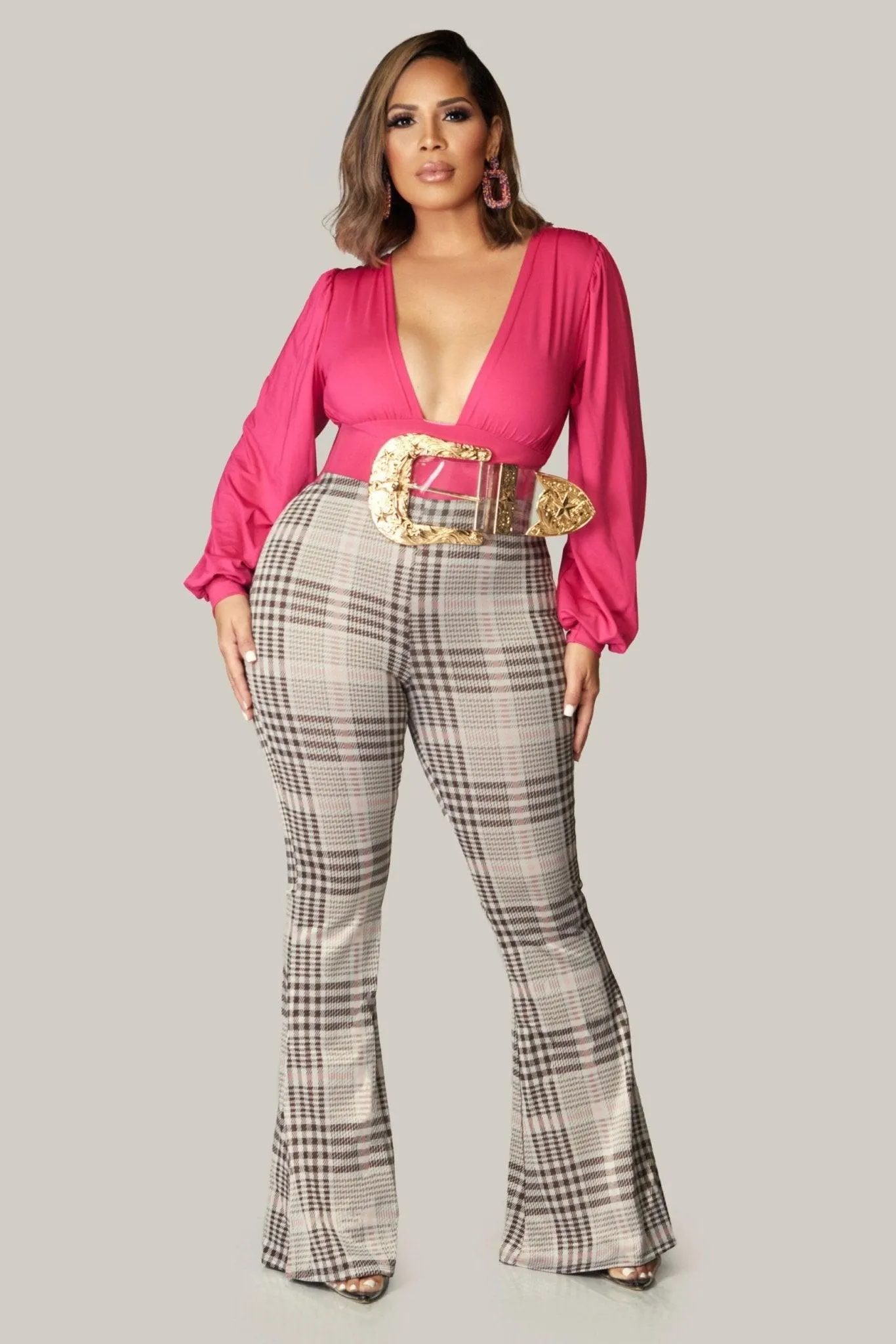 PLAID PRINTED FLARED LONG PANTS