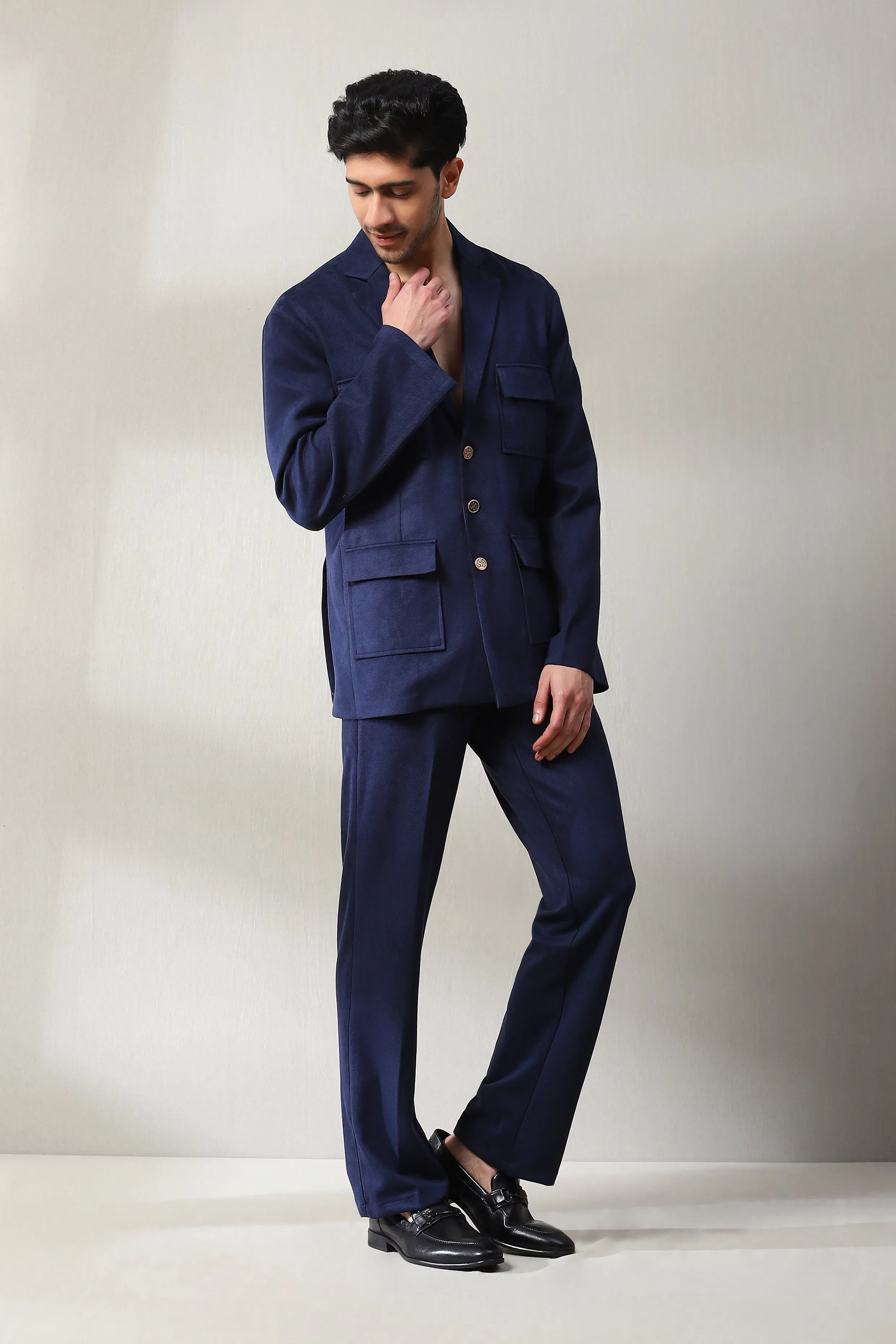 This violet blue corduroy velvet co-ord set has stylish patch pockets