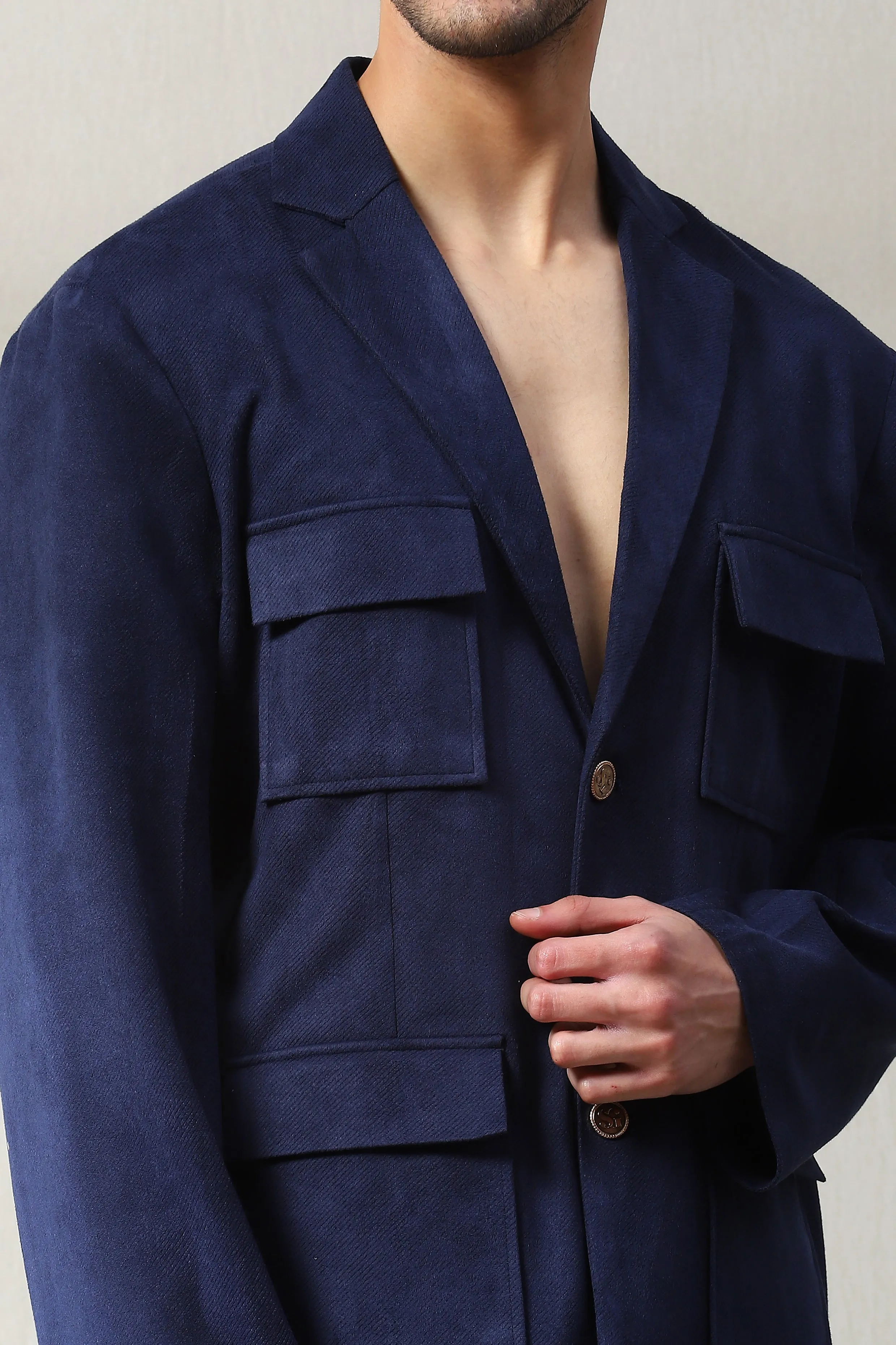 This violet blue corduroy velvet co-ord set has stylish patch pockets