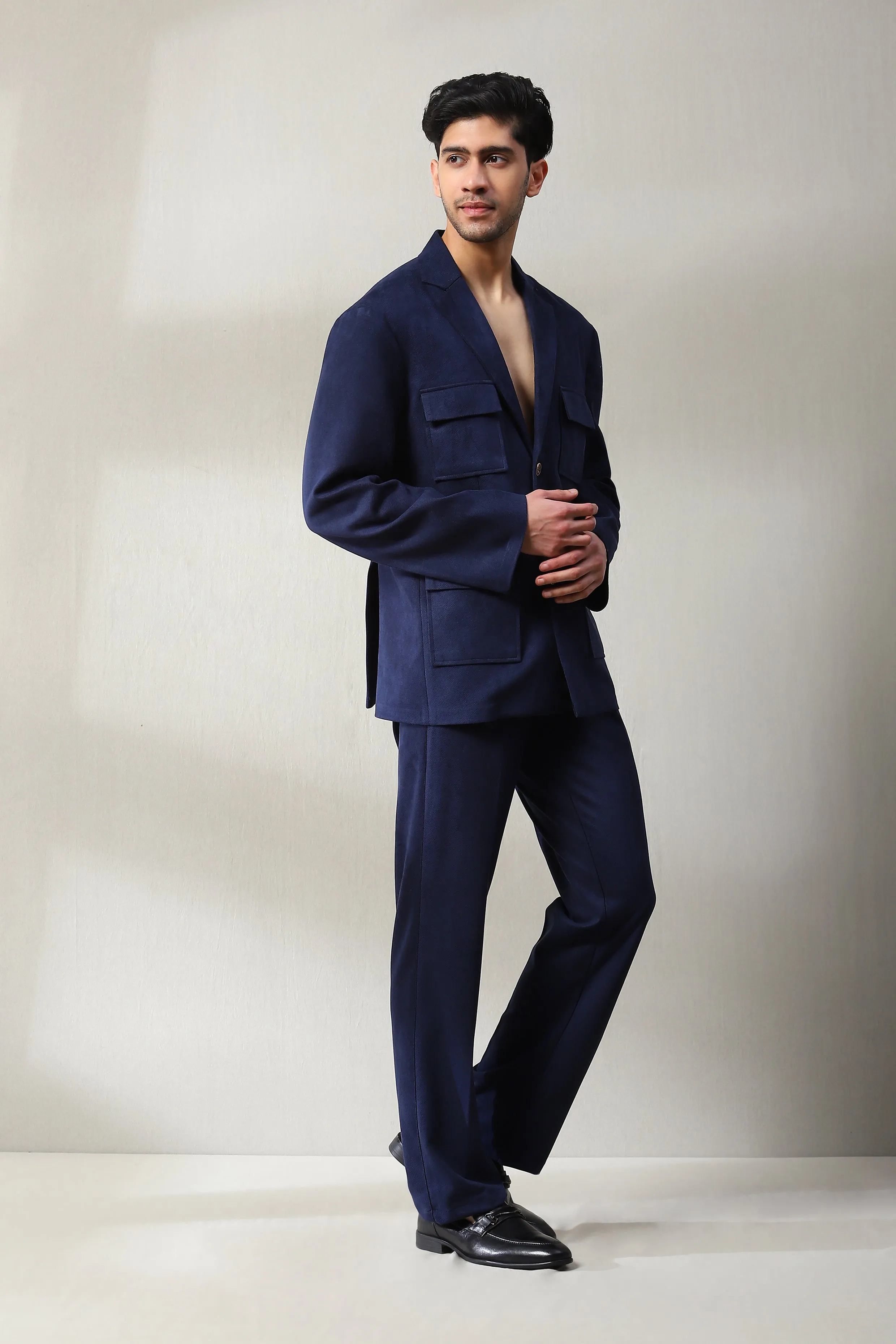 This violet blue corduroy velvet co-ord set has stylish patch pockets