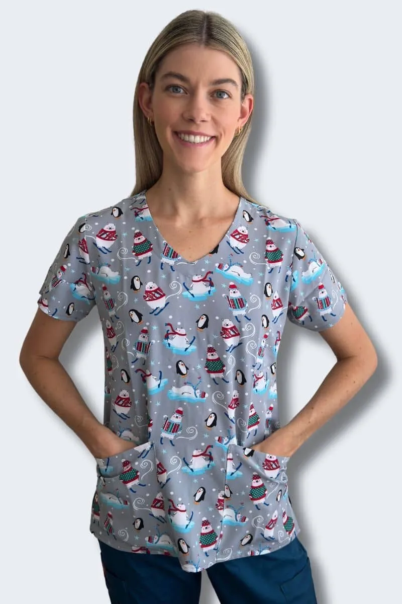‘Tis the Ski-son Women's Print Scrub Top - Z12213