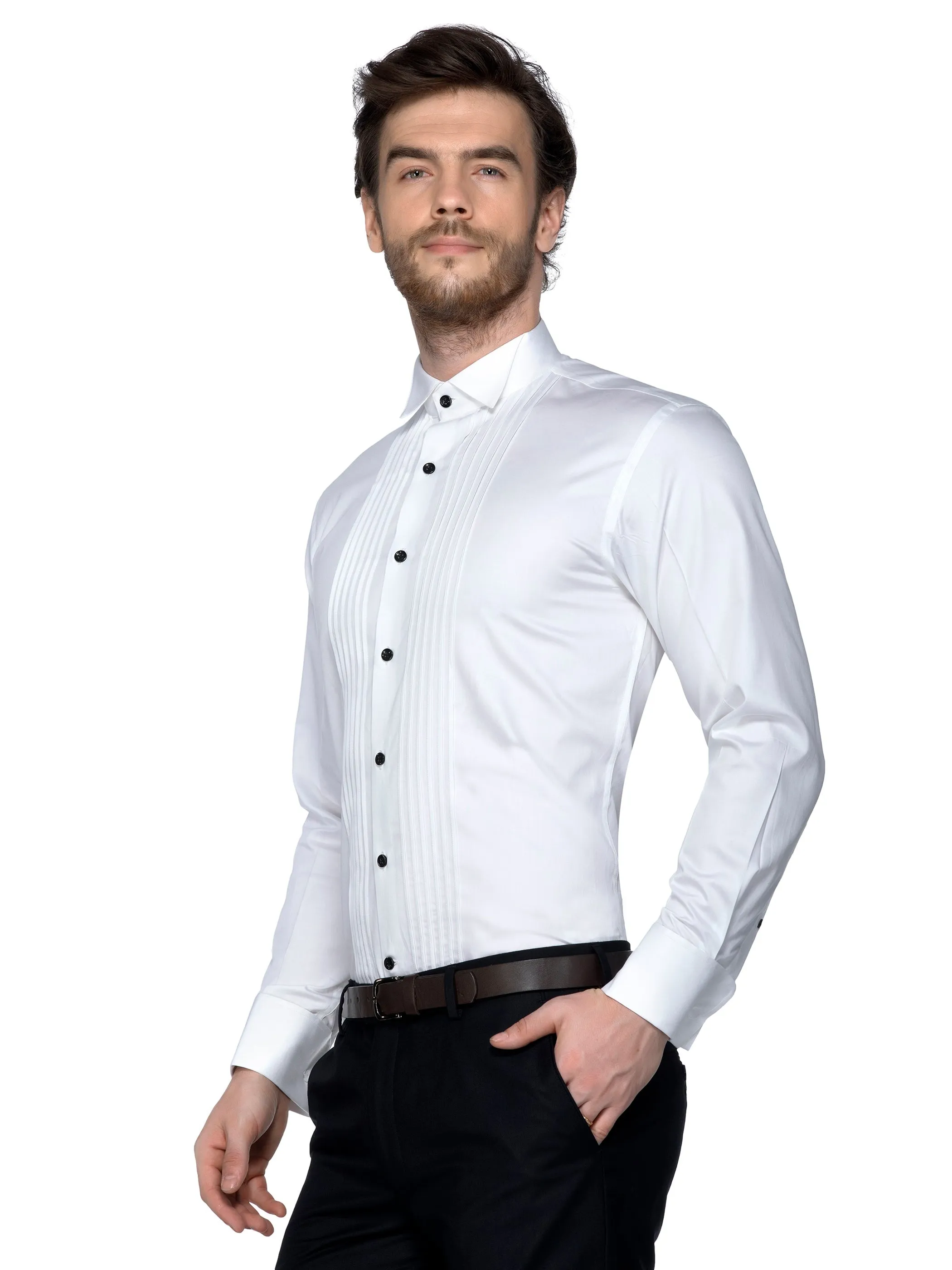 White Cotton Wing Collar Tuxedo Shirt
