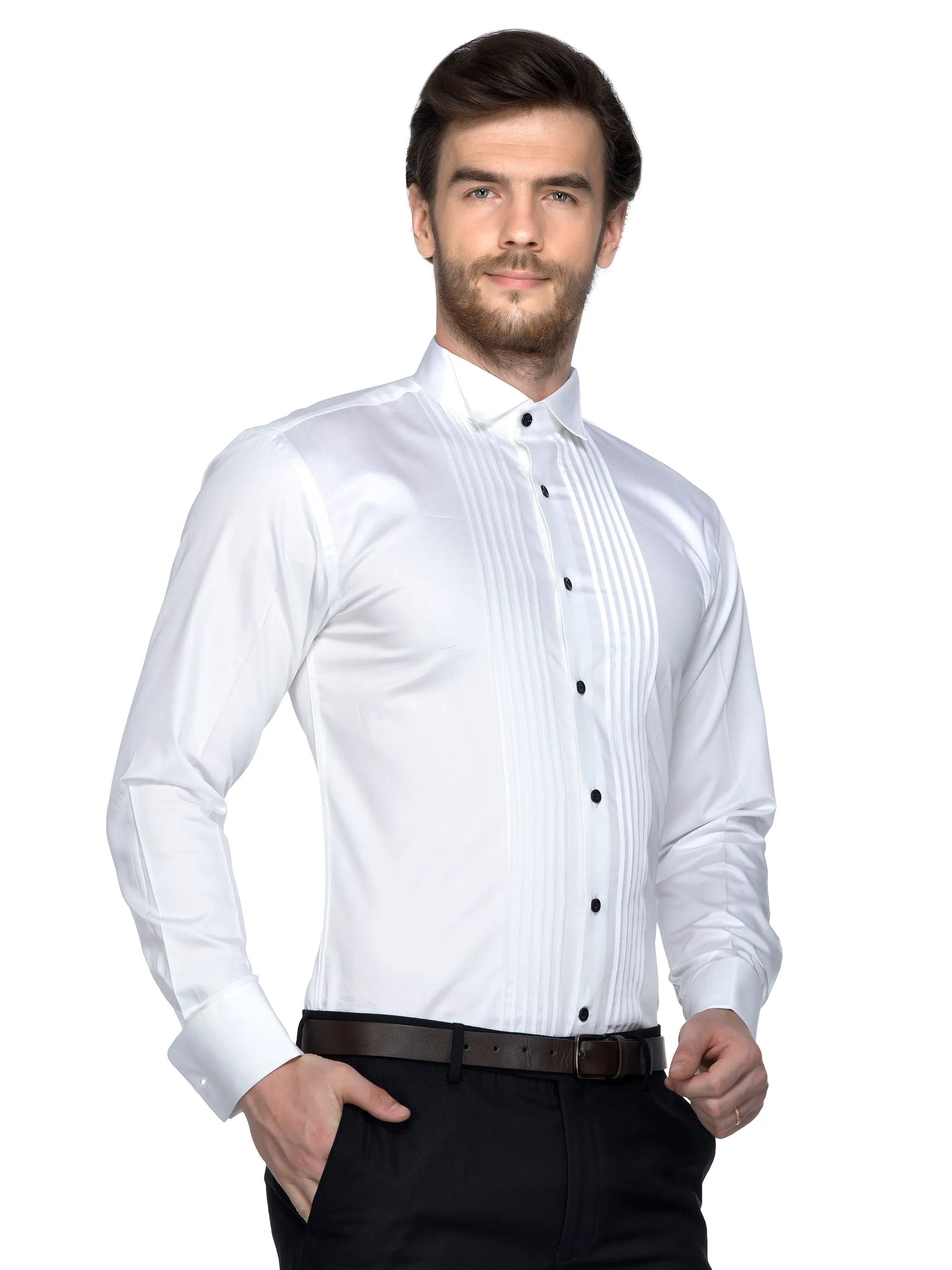 White Cotton Wing Collar Tuxedo Shirt