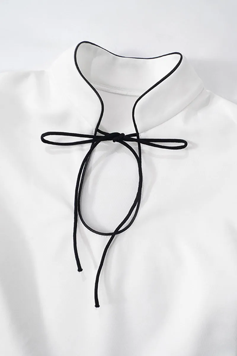 White Mock Neck Tie Front Cutout Mini Dress