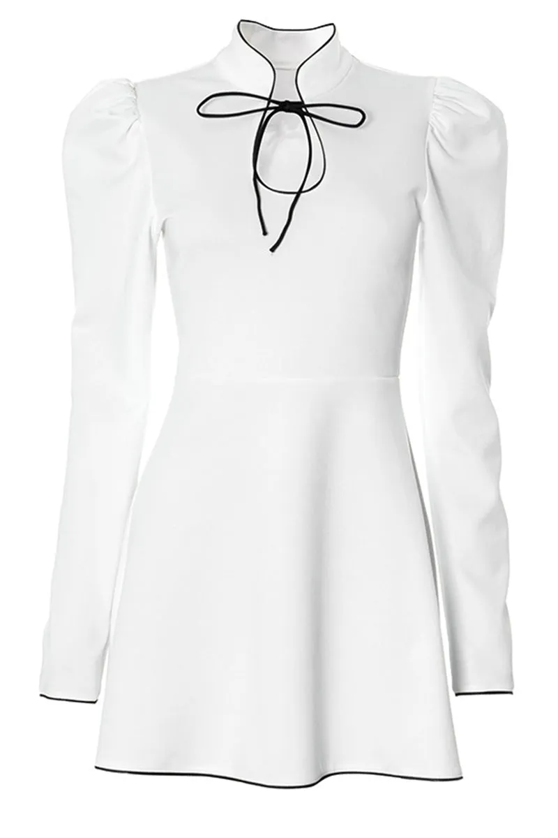 White Mock Neck Tie Front Cutout Mini Dress