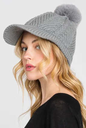 Winter Hike Gray Chevron Brimmed Pom Beanie